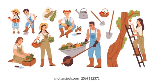 Springtime and family gardening. Agricultural worker set. Rural life, harvest tools, and organic produce. People in the garden.  Flat vector illustrations isolated on white background.