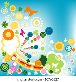 springtime feeling; colorful abstract design with flowers, butterflies and circles