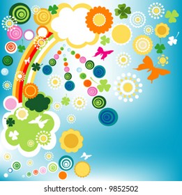 springtime feeling; vector colorful design with flowers, butterflies and circles