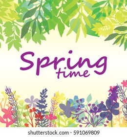 Springtime floral background
Spring greeting card with text" Springtime" in the middle of a square composition. At the top of the design are many leaves and branches with transparency and flowers 
