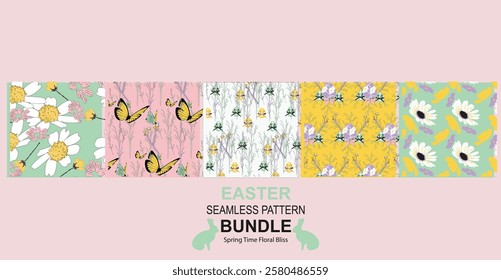 The Springtime Floral Bliss Easter Seamless Pattern Bundle showcases delicate floral and botanical designs perfect for textiles, wallpapers, gift wrap, stationery, and elegant Easter branding