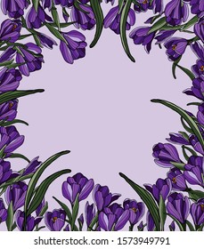Springtime floral frame with hand drawn flowers and leaves on violet background. Template