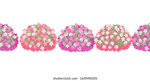 Springtime flowering shrubs in full bloom of beautiful pink and purple  azalea flowers or rhododendron seamless pattern background and borders. Colorful azalea bush frame border seamless pattern.