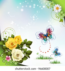 Springtime with flowers and butterflies