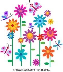 Springtime flowers and butterflies, vector illustration