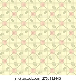 springtime. flowers of hand drawn squares. floral fabric swatch. vector seamless pattern.  beige, pink, green repetitive background. modern decorative pixel art. embroidery template. textile design. home decor