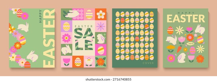 Springtime flyers for Easter. Greeting cards for happy holiday with symbols of Easter-rabbit, egg, flowers. Template for your design, web,banners, posters,social media, sales. Vector illustration