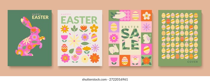 Pilotos de primavera para a Páscoa. Cartões de saudação e venda para férias felizes com símbolos de coelho de Páscoa, ovos, flores. Modelo para design, web, banners, cartazes, mídia social, vendas. Ilustração vetorial