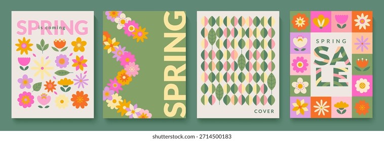 Folhetos de primavera com flores de primavera, padrão de folhas e modelo de banner de venda para o seu design, web, banners, cartazes, mídia social, sales.Greeting cartões de primavera com elementos florais. Ilustração vetorial