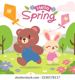 Springtime Fun with Cute Bear and Bunny Flying Kites. Happy Spring Scene with Bear and Bunny Enjoying Nature.