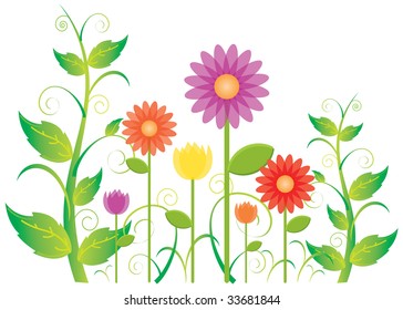 A springtime garden blooming full of leaves, vines and flowers such as daisies and tulips.