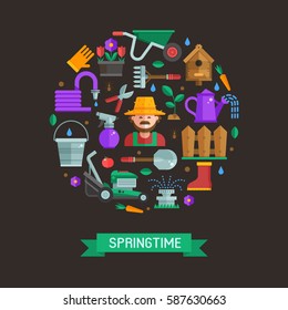 Springtime gardening and landscaping set in circle. Farming and growing plants elements collection with gardener, grass-cutter, wheelbarrow and other. Spring card with garden and lawn icons in flat.