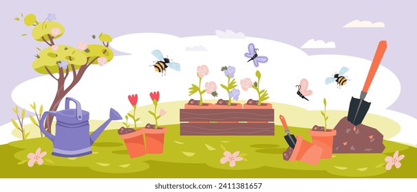 Concepto de jardinería y siembra en primavera, patio trasero con plantas y herramientas de jardín, ilustración vectorial plana. La jardinería como hobby. Concepto de renovación natural primaveral.