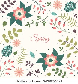 Springtime greeting card with Hand drawn Flowers and leaves. Hello Spring floral background. Vector square templates for poster or social media post. Bright Bloom frames and borders with lettering.