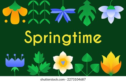 Springtime greeting card. Simple geometric shapes design. Composition with colorful flower and leaves for spring season. Template for banner, poster, advertisement, landing page, website. Vector