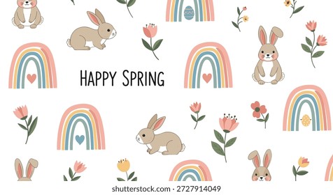 Diseño de saludo de primavera con el texto primavera feliz rodeado de lindos conejitos, arco iris con huevos y flores de colores en una paleta suave.