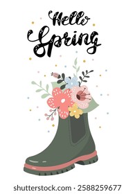 Springtime greeting featuring a decorated rubber boot with flowers and cheerful text Hello spring in a vibrant design