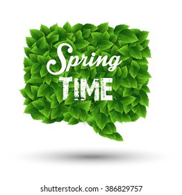 Springtime greeting in a speech bubble of green leaves.Vector