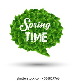Springtime greeting in a speech bubble of green leaves.Vector