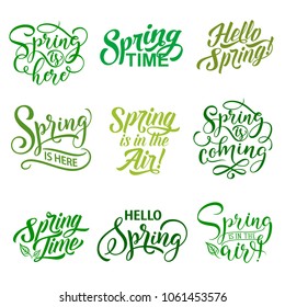 Springtime holiday seasonal quotes and wishes icons. Vector isolated set of Hello Spring and spring is in the Air quotations lettering text for spring season greeting card design