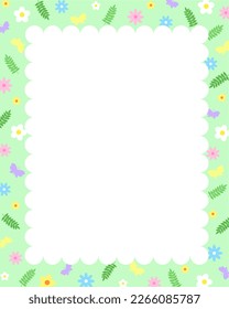 Springtime holidays card template cover design decorated with simple image flowers, butterflies, leaves, rectangular frame for Easter seasonal invitations, cards