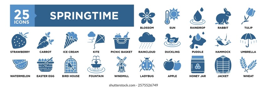 Springtime icon collection set. Containing design nature, background, plant, flower, blossom, spring, summer	