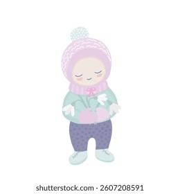 Springtime illustration of a boy smiling and holding snowdrops. This kind illustration with cute character child in soft pastel colors. Perfect for creating prints, cards, stickers and more.