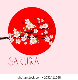 Springtime japanese background with blossoming cherry sakura tree brunches, sakura lettering and red sun. Flat design
