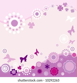 springtime landscape in purple with butterflies and flowers