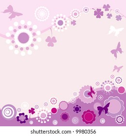 springtime landscape in purple with butterflies and flowers