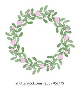 Springtime leaf sprigs and blooming floral buds Circle frame border in trendy soft green and pink