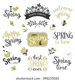 Springtime lettering design set. Spring phrases templates with bird, chick, butterflies, flowers, branches, hearts, banners and frames. Vector illustration.

