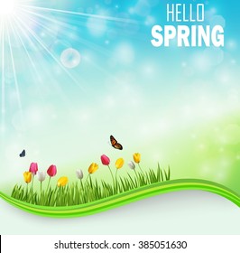 Springtime meadow background with tulip flowers and butterflies.Vector