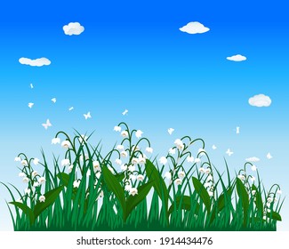 Springtime meadow with blue sky and butterflies. Vector illustration.
