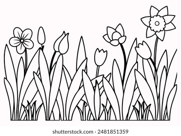 Primavera Prado Línea Arte de Flores de Primavera