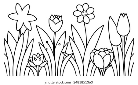 Springtime Meadow Line Art of Spring Flowers