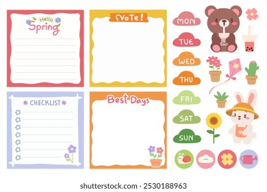 Memorando de primavera e Checklist com Cute Kawaii Bear e Bunny. Perfeito para organizar agendamentos semanais, listas de verificação e notas.