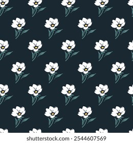 Springtime Monochrome White Flower Pattern on Dark. Ideal for fabric prints, wallpaper, digital backgrounds, and more. Perfect for fashion, home decor, and stationery products.