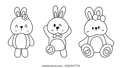 A Springtime outline illustration, Cute bunny characters with playful expressions and accessories
