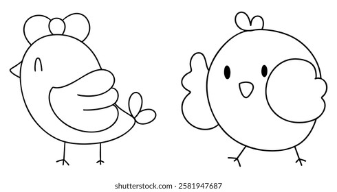 A Springtime outline illustration, Cute cartoon birds with simple outlines and playful expressions