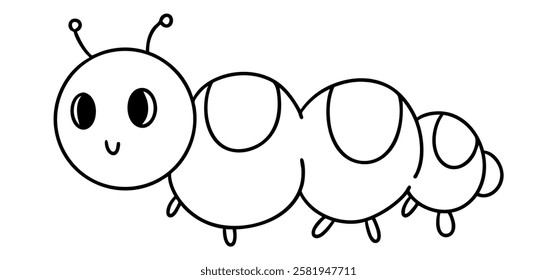 A Springtime outline illustration, Cute cartoon caterpillar with big eyes and smiling face