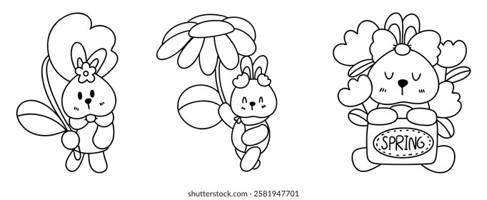 A Springtime outline illustration, Cute spring themed illustrations featuring bunny with flower, bunny holding umbrella