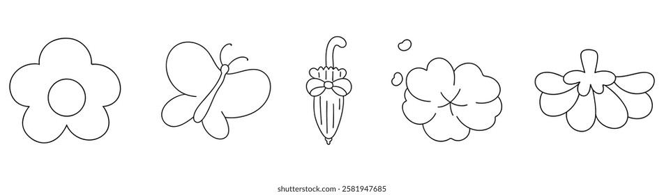 A Springtime outline illustration, Flower, butterfly, umbrella, cloud, and floral designs in simple line art