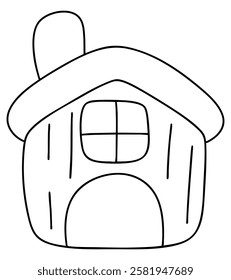 Um esboço de Springtime ilustração, desenho de linha simples da casa com chaminé e janela