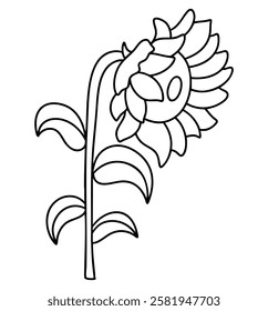 Una ilustración de contorno de primavera, contorno simple de girasol con hojas, perfecto para colorear