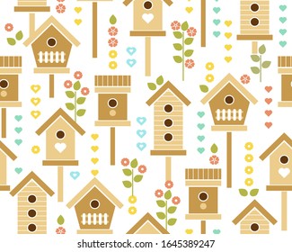 Springtime pattern. Spring seamless print with Birdhouses, hearts, flowers and leaves. Bird house repeating wallpaper. Lovely cute romantic vector illustration.