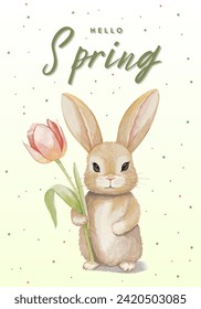 Springtime poster with bunny and tulip. Cute watercolor rabbit, greeting card, banner.