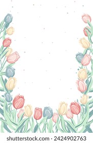 Springtime poster with tulips. Spring frame. Trendy floral design for poster, greeting card, banner.