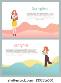 Springtime posters with female cuddling present on international womens day. Beautiful girls with flowers and foliage, modern cartoon style ladies with bouquets