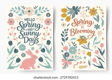 Springtime posters in flat textured style. Vintage  seasonal design with lettering, easter bunny and floral elements